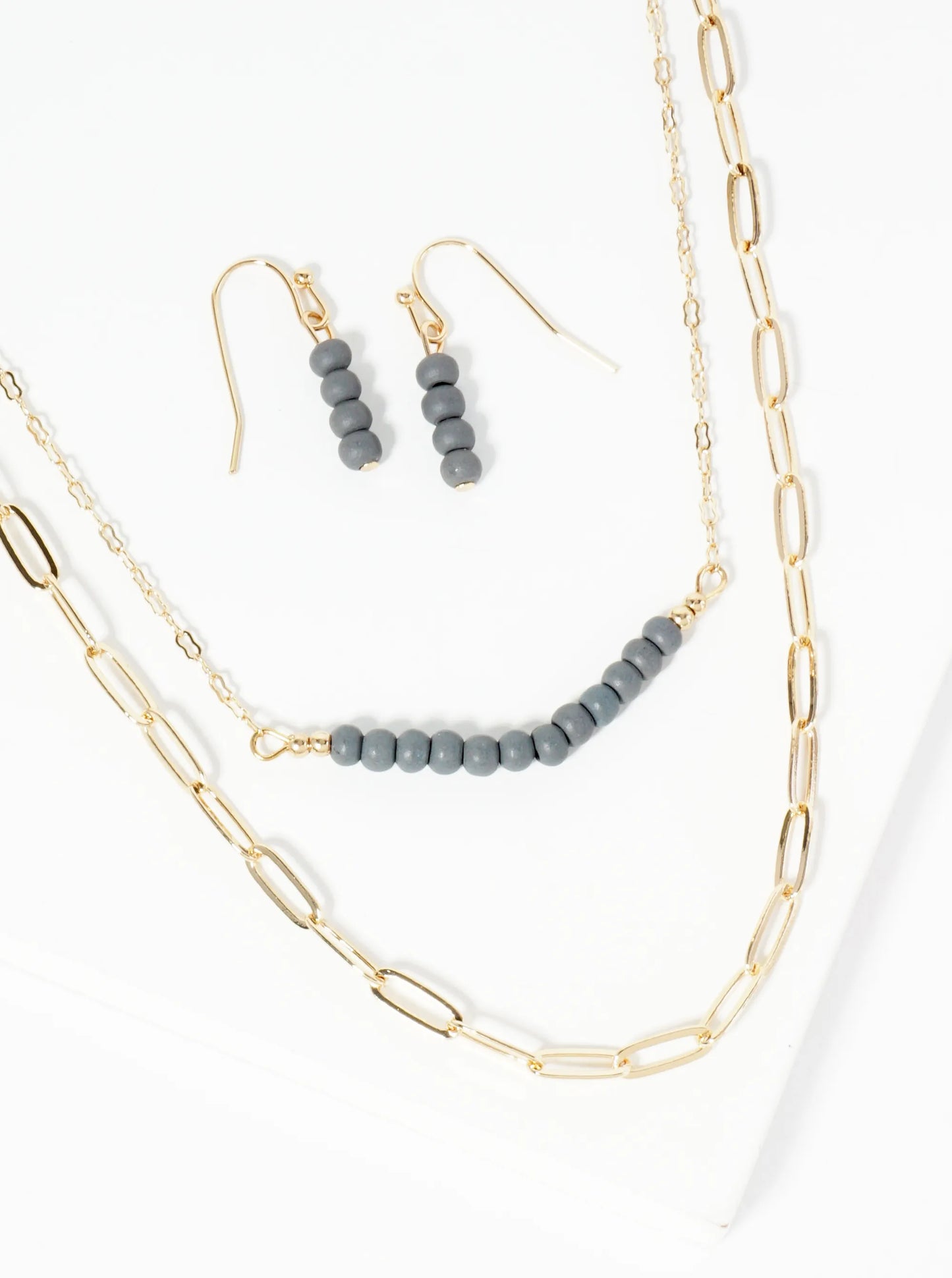 Wood Beaded Layered Chain Necklace Set With Earrings