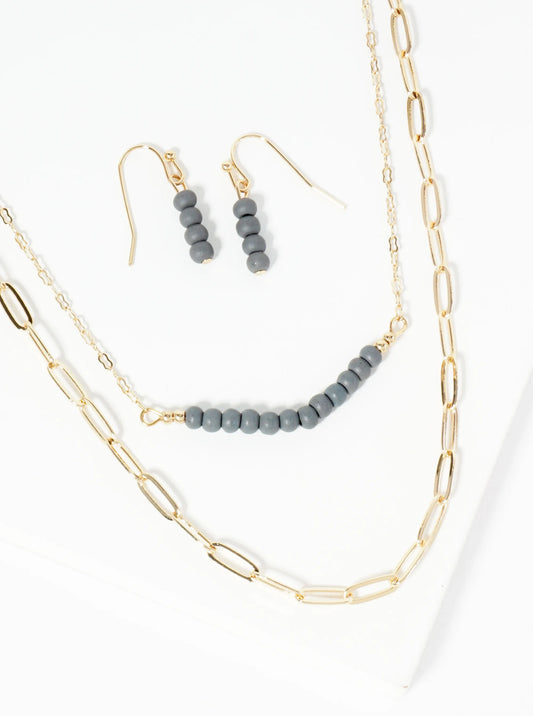 Wood Beaded Layered Chain Necklace Set With Earrings