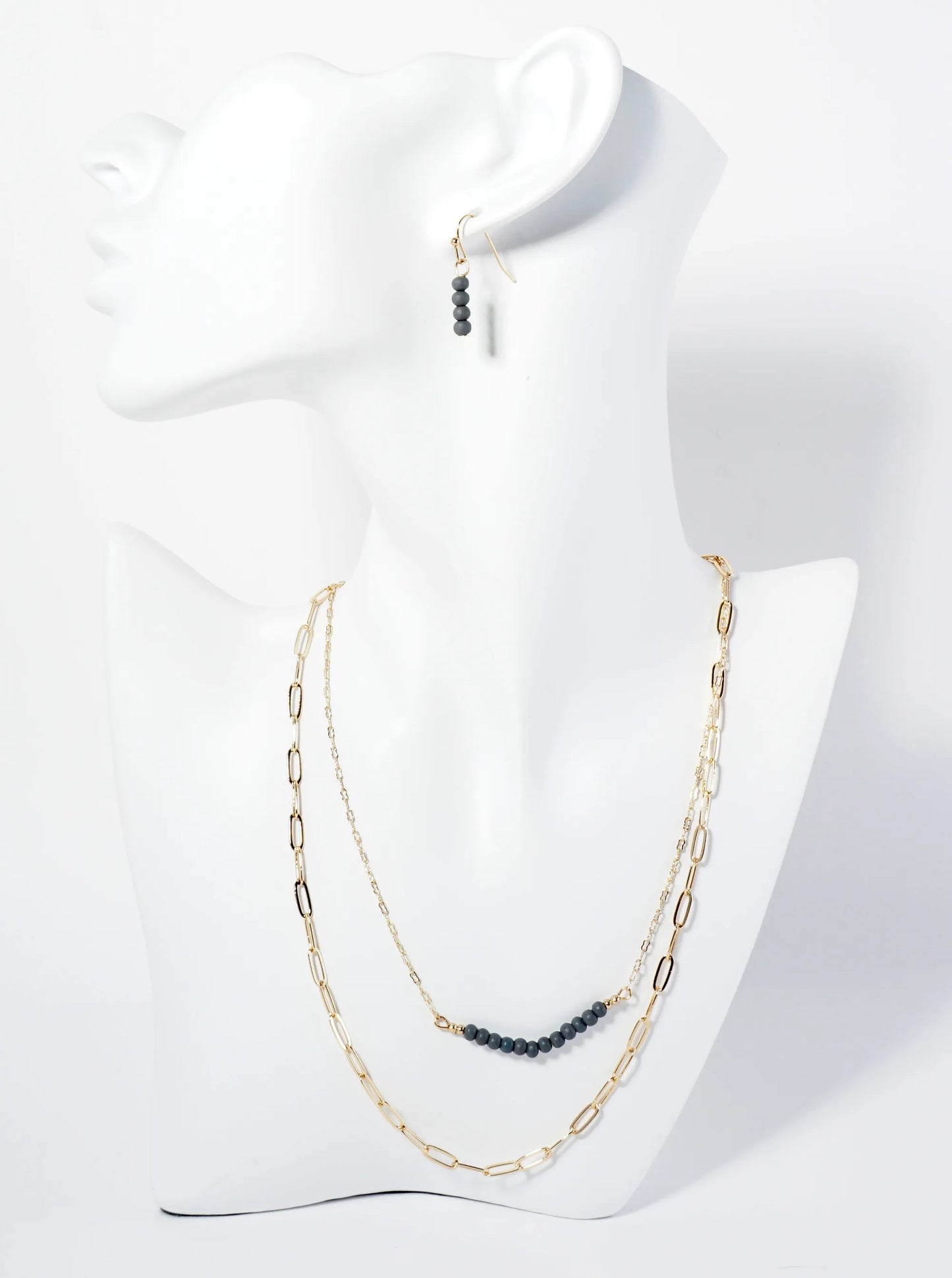 Wood Beaded Layered Chain Necklace Set With Earrings