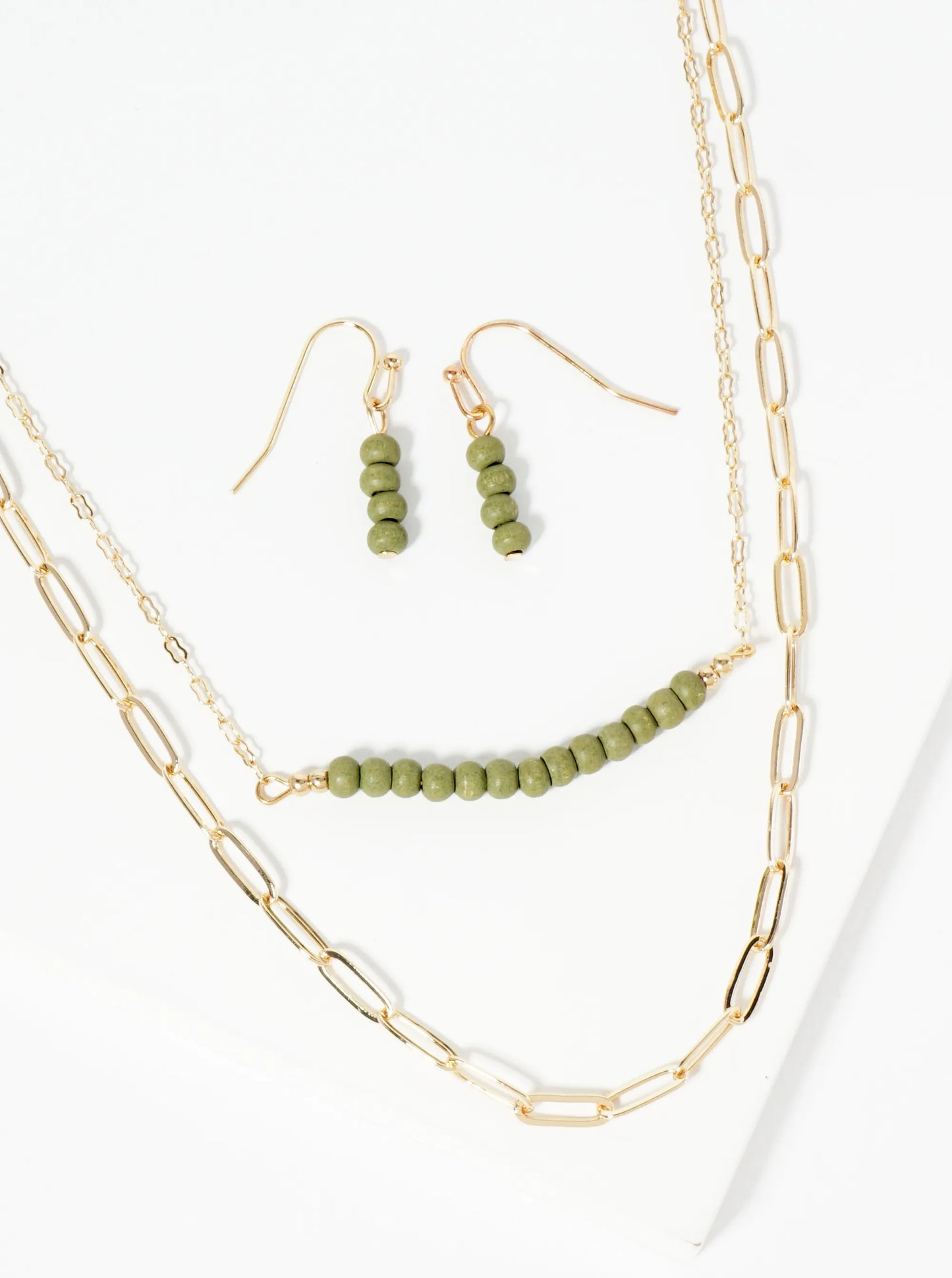 Wood Beaded Layered Chain Necklace Set With Earrings