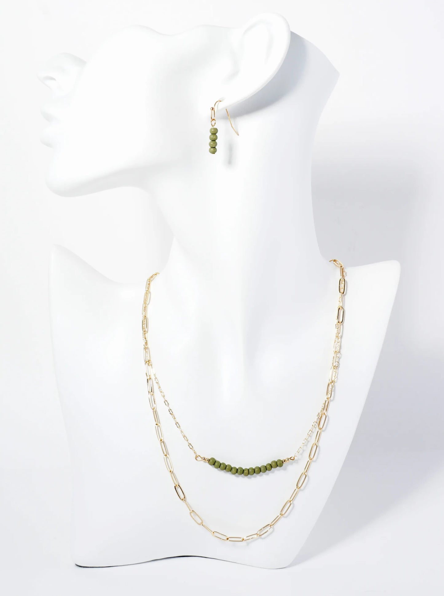 Wood Beaded Layered Chain Necklace Set With Earrings