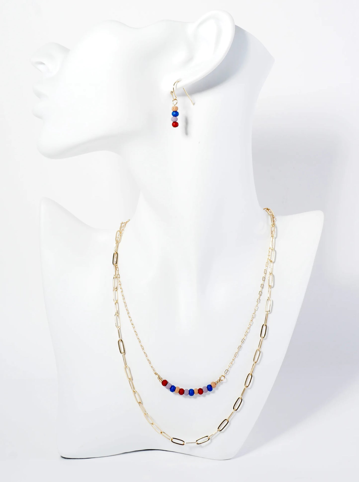 Wood Beaded Layered Chain Necklace Set With Earrings