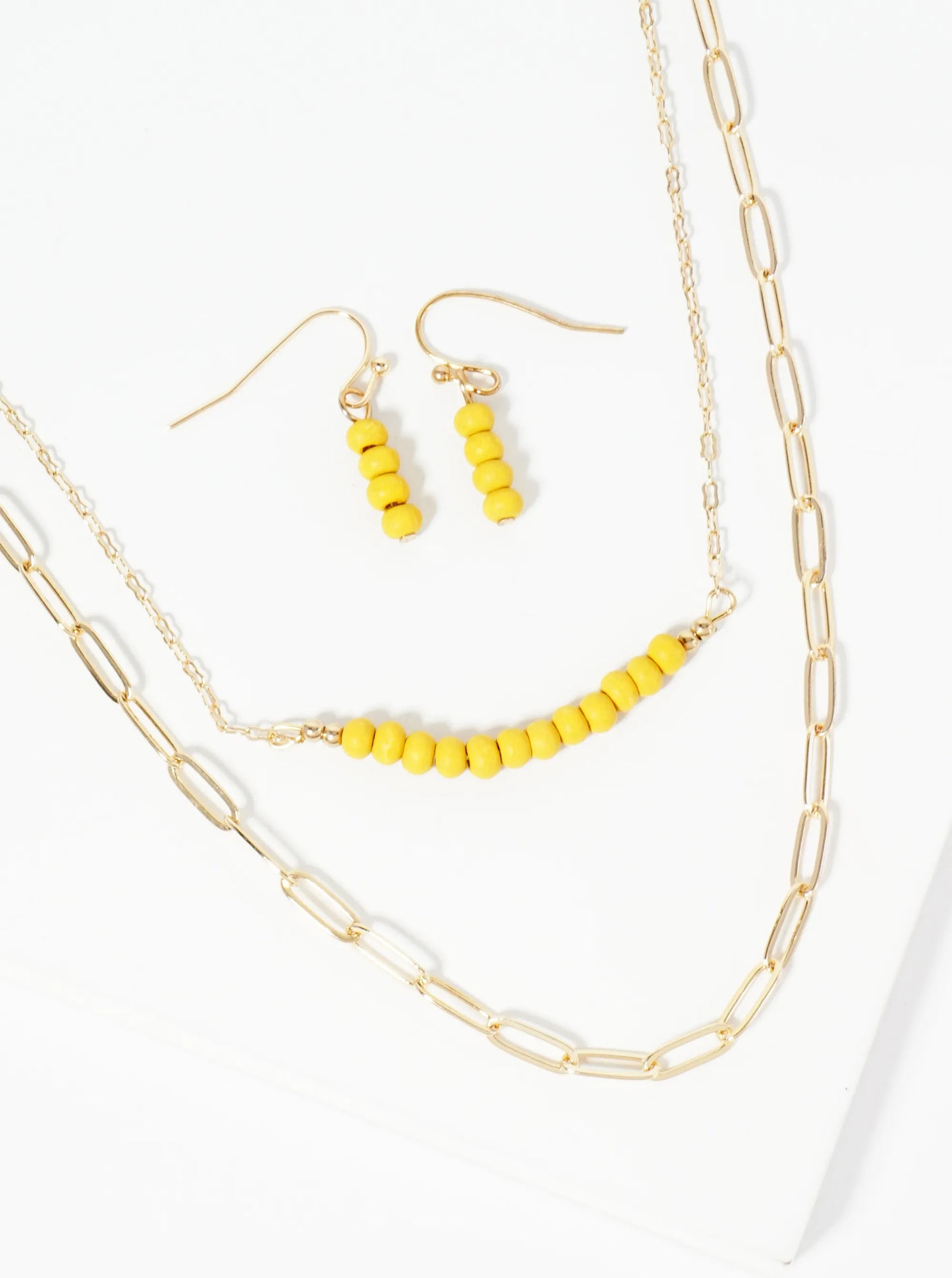 Wood Beaded Layered Chain Necklace Set With Earrings