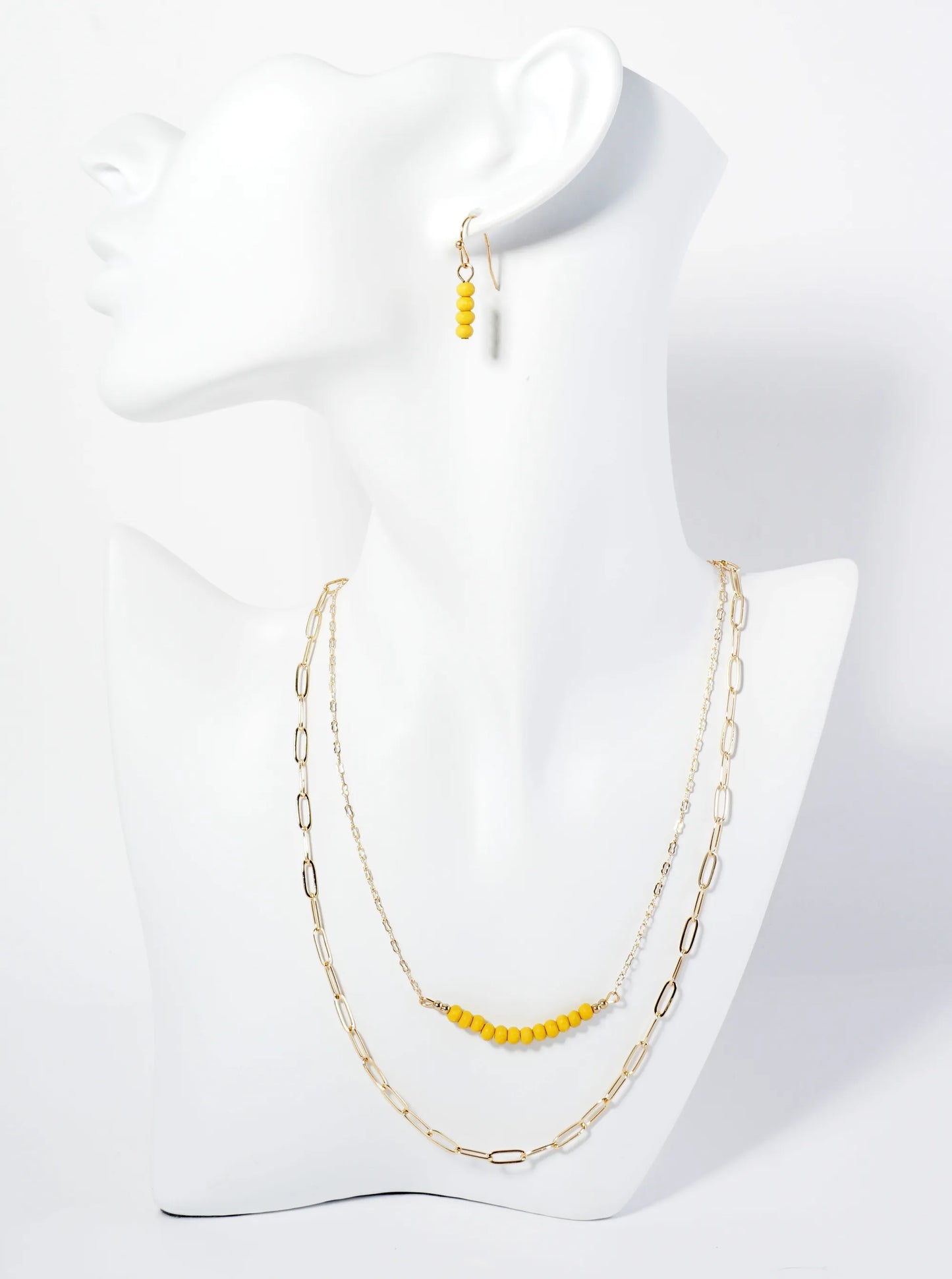 Wood Beaded Layered Chain Necklace Set With Earrings