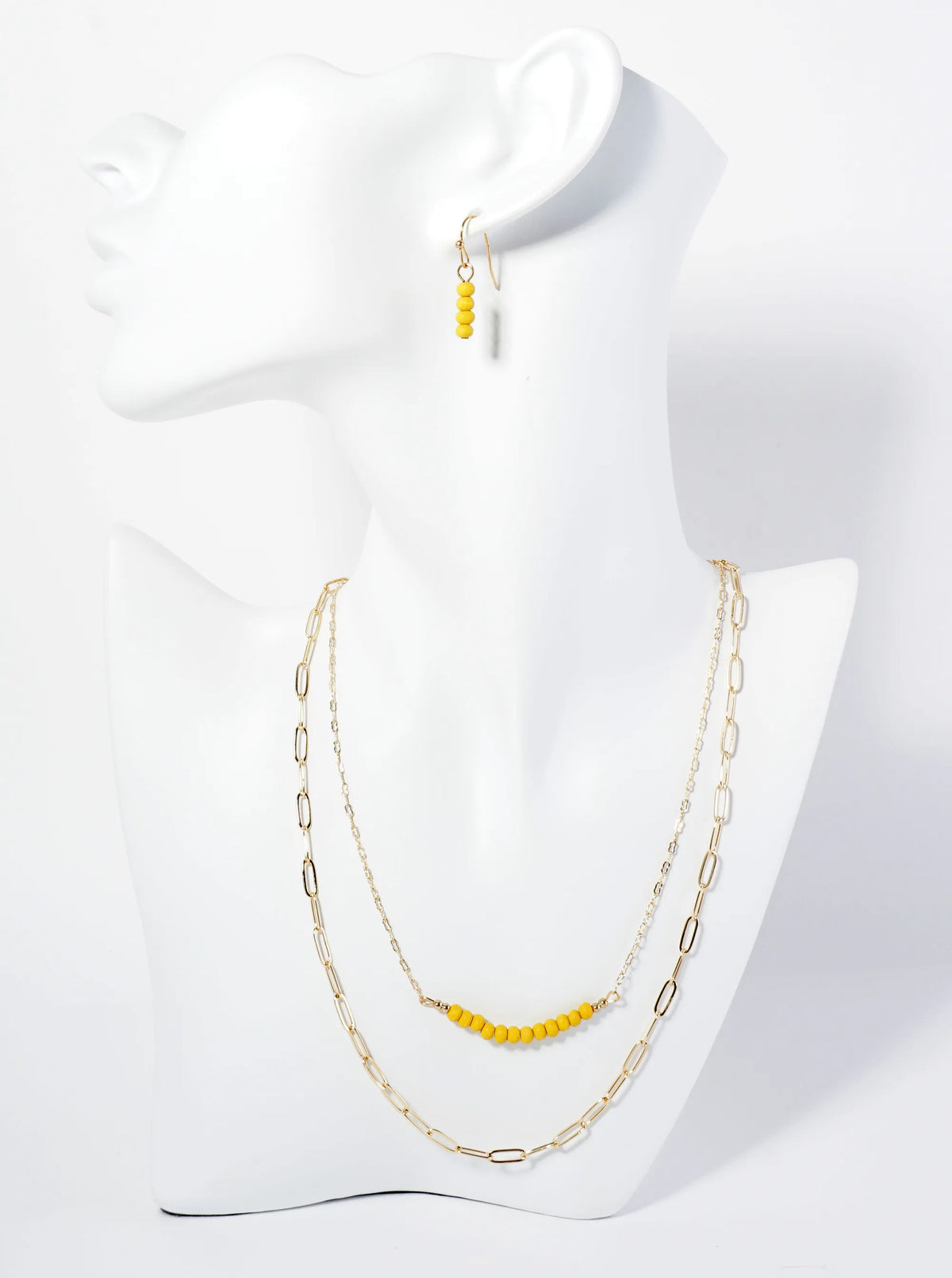 Wood Beaded Layered Chain Necklace Set With Earrings