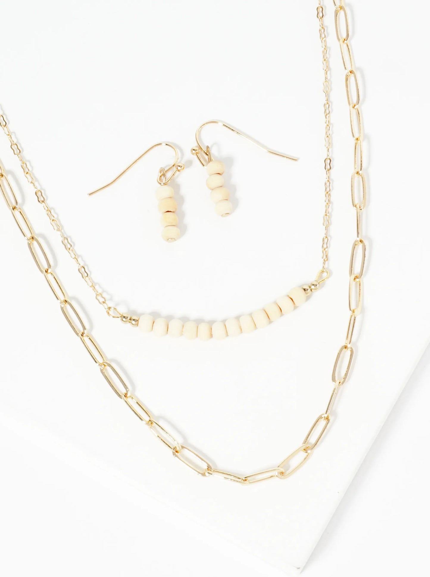 Wood Beaded Layered Chain Necklace Set With Earrings