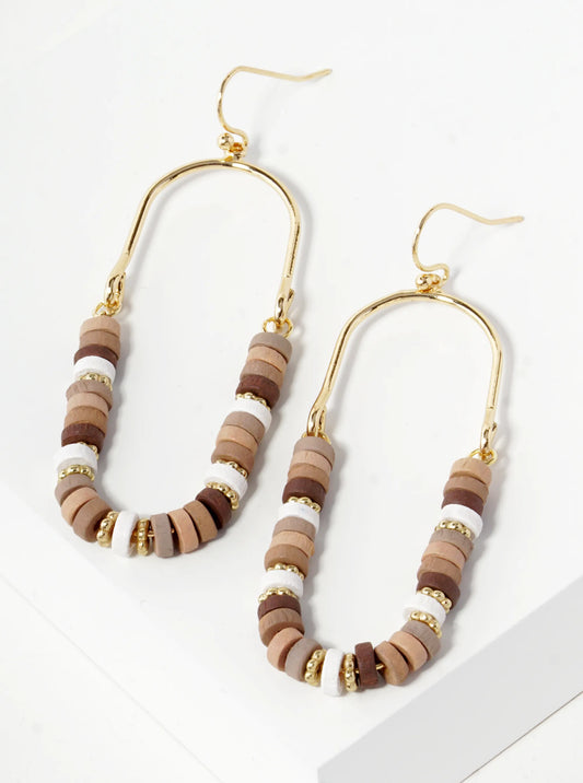 Wood Beaded Stadium Shape Dangle Drop Earrings