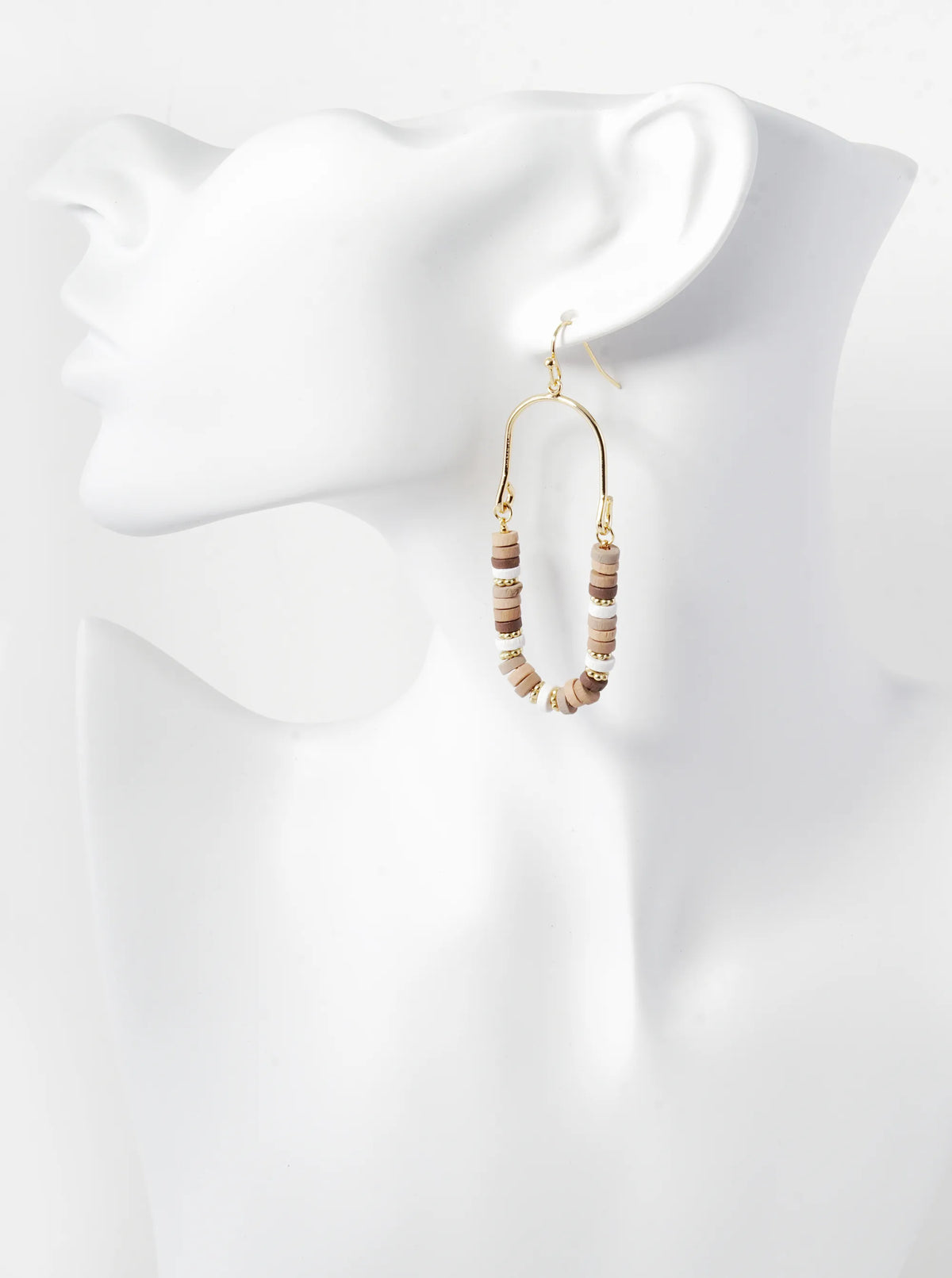 Wood Beaded Stadium Shape Dangle Drop Earrings