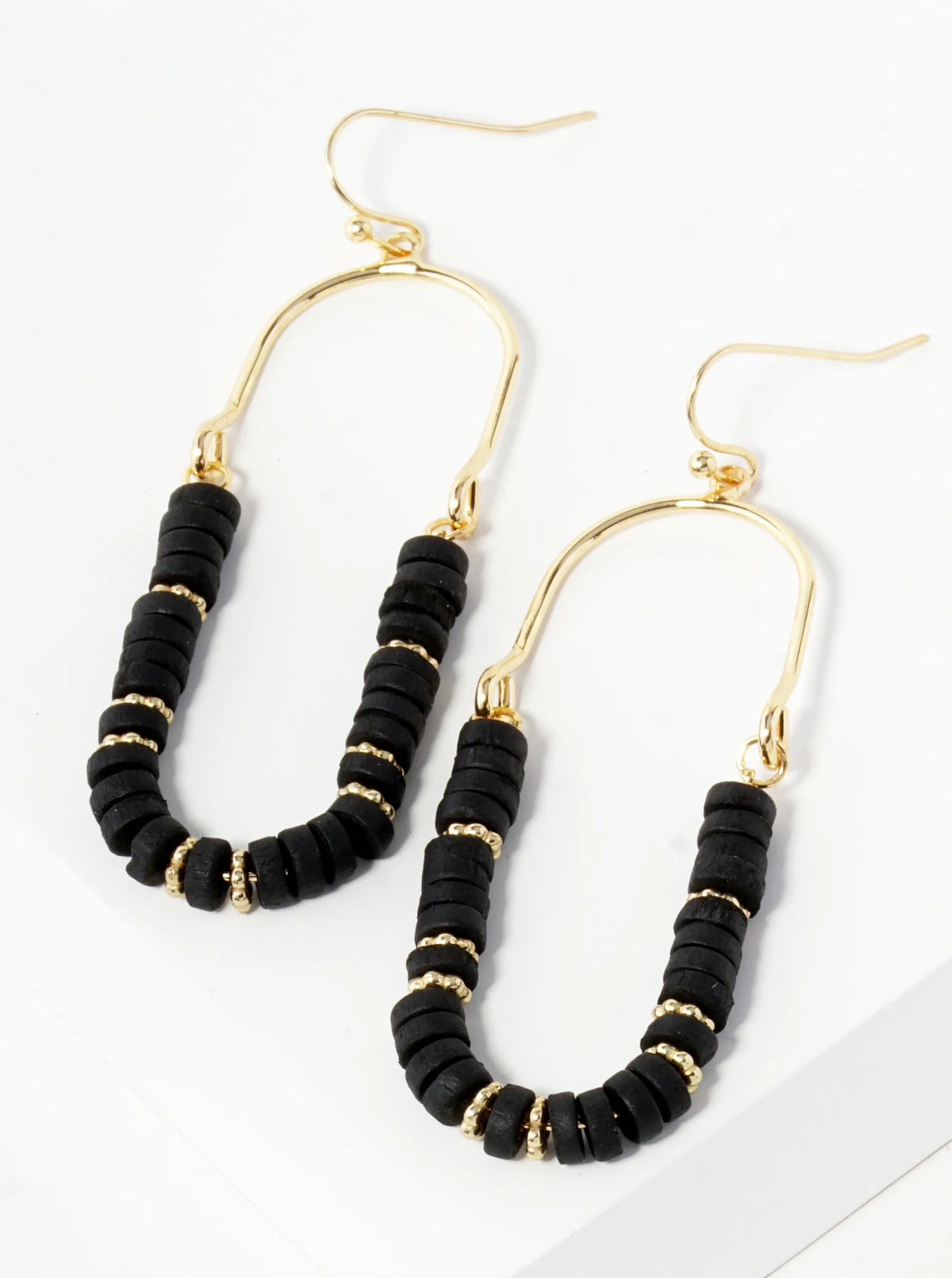 Wood Beaded Stadium Shape Dangle Drop Earrings