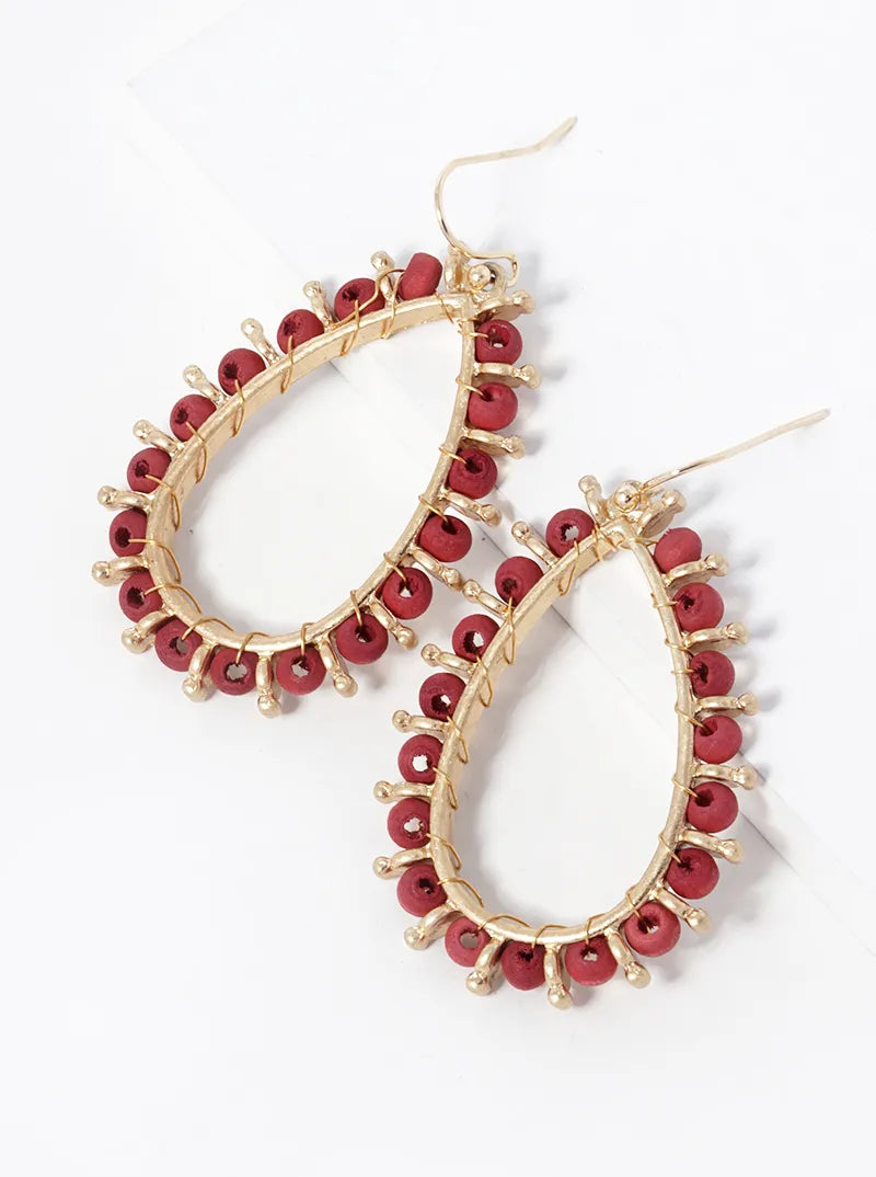 Wood Beaded Teardrop Dangle Earrings