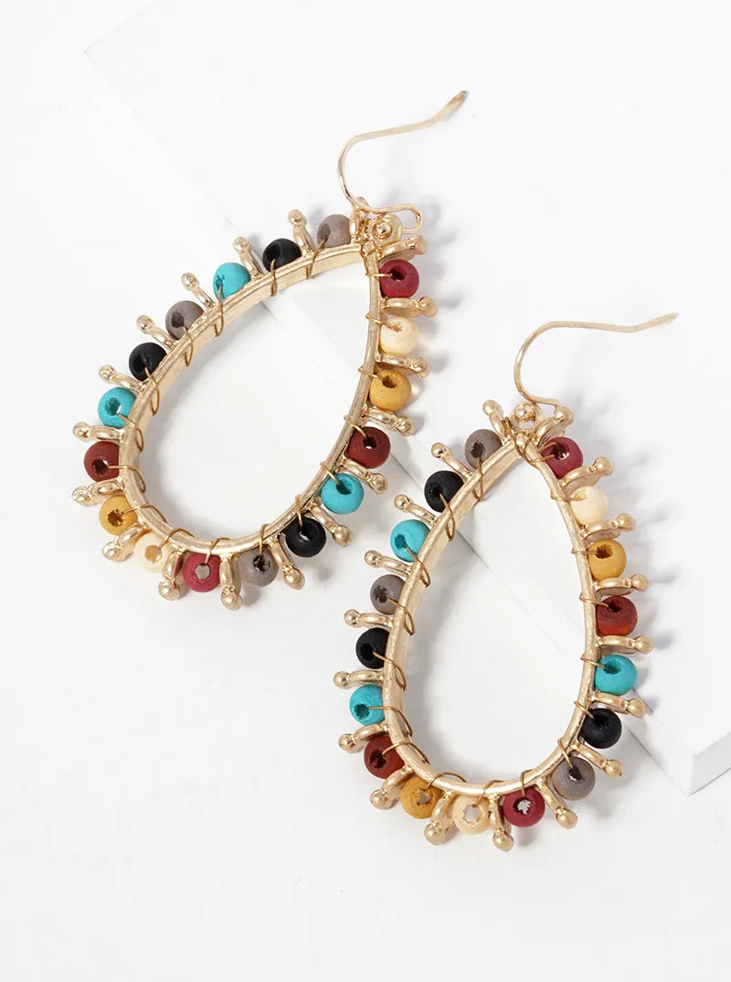 Wood Beaded Teardrop Dangle Earrings