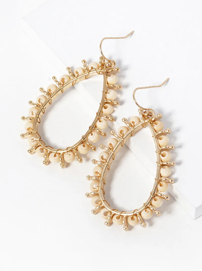 Wood Beaded Teardrop Dangle Earrings