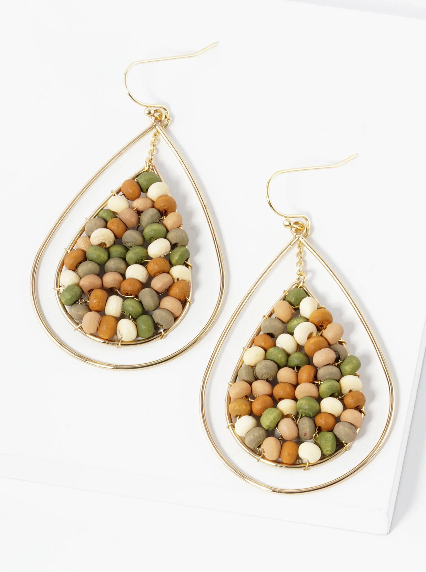 Wood Beads Wired Double Teardrop Dangle Earrings