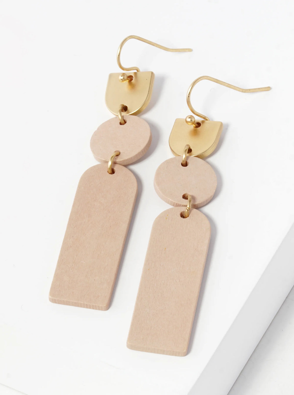 Wood And Brass Dangle Drop Geometric Earrings