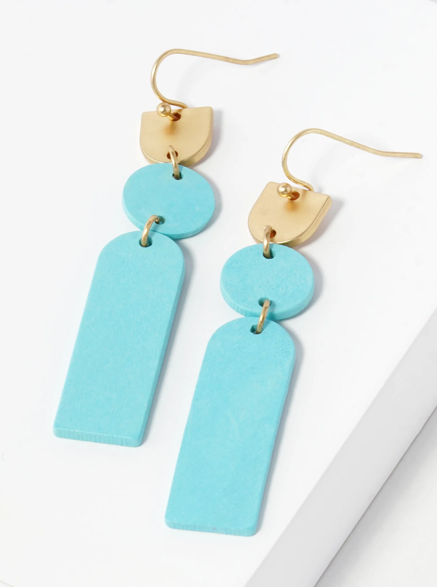 Wood And Brass Dangle Drop Geometric Earrings