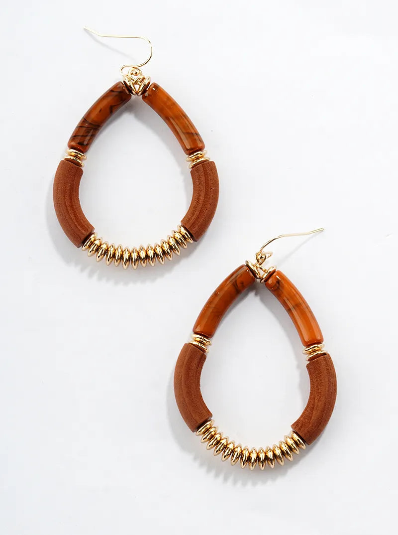 Wood And Marble Glass Stone Teardrop Dangle Drop Earrings