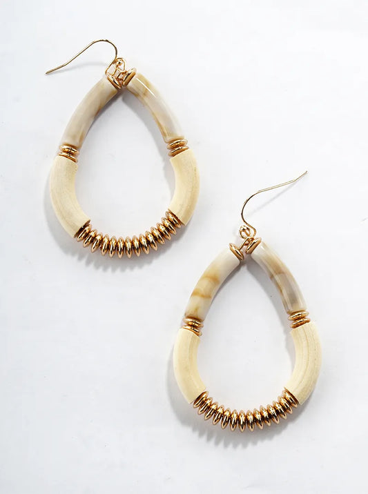 Wood And Marble Glass Stone Teardrop Dangle Drop Earrings