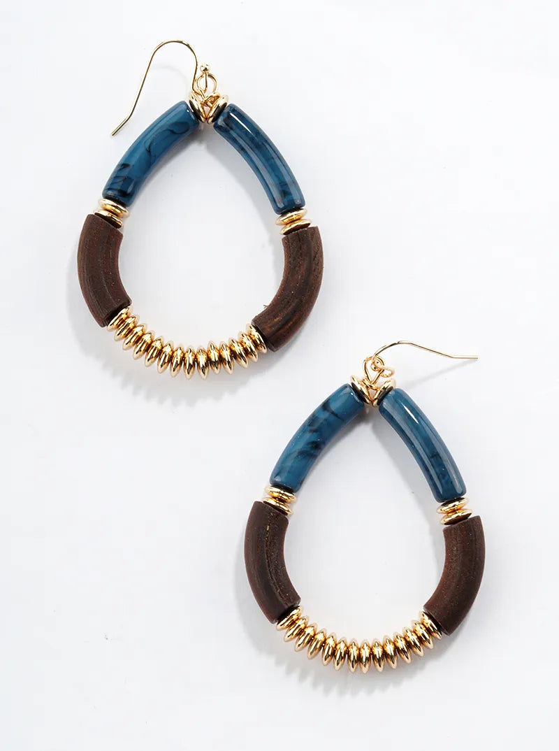 Wood And Marble Glass Stone Teardrop Dangle Drop Earrings