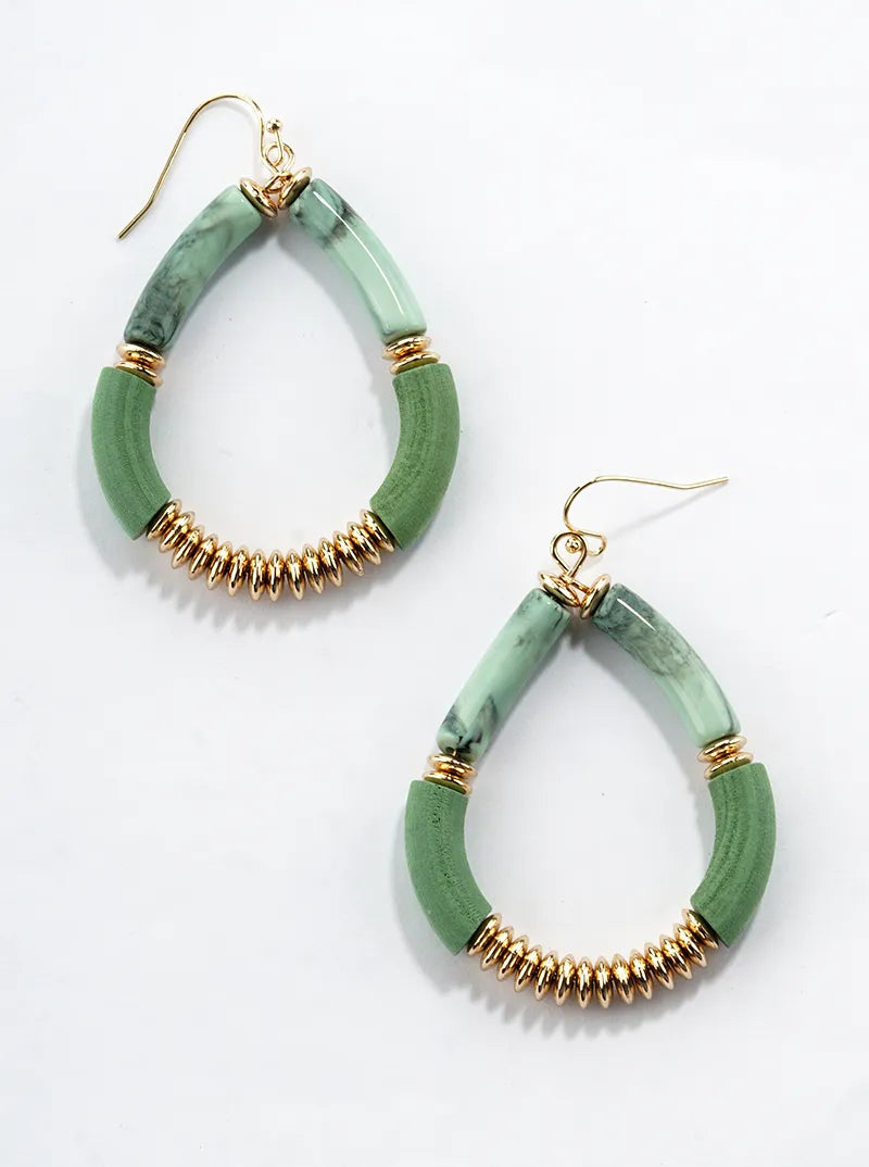 Wood And Marble Glass Stone Teardrop Dangle Drop Earrings