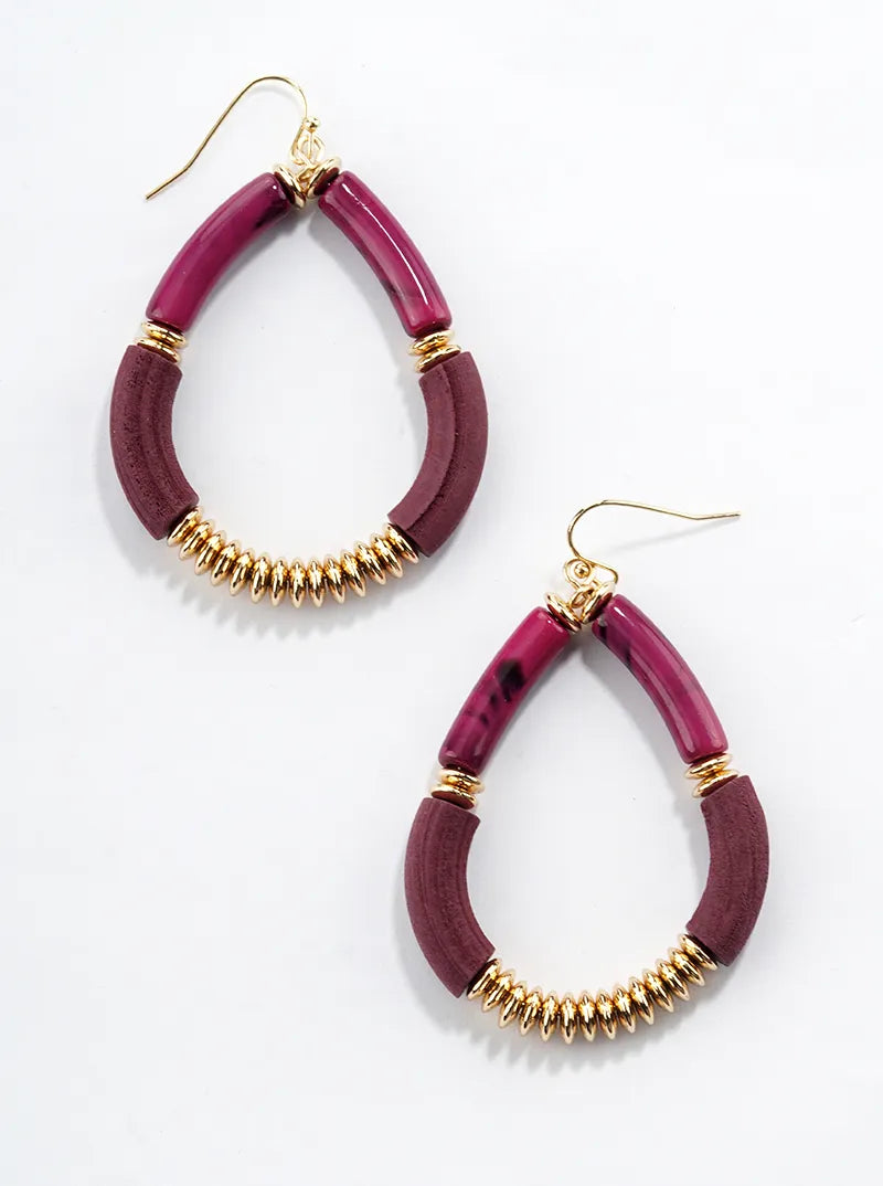 Wood And Marble Glass Stone Teardrop Dangle Drop Earrings