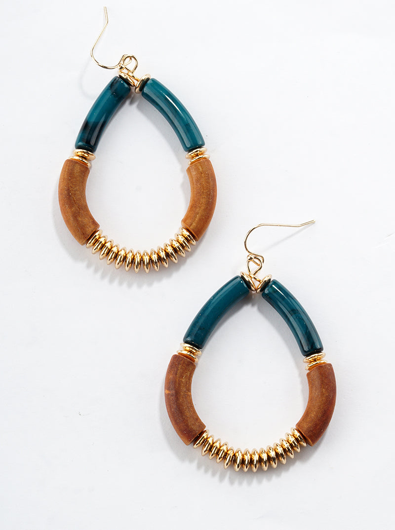 Wood And Marble Glass Stone Teardrop Dangle Drop Earrings