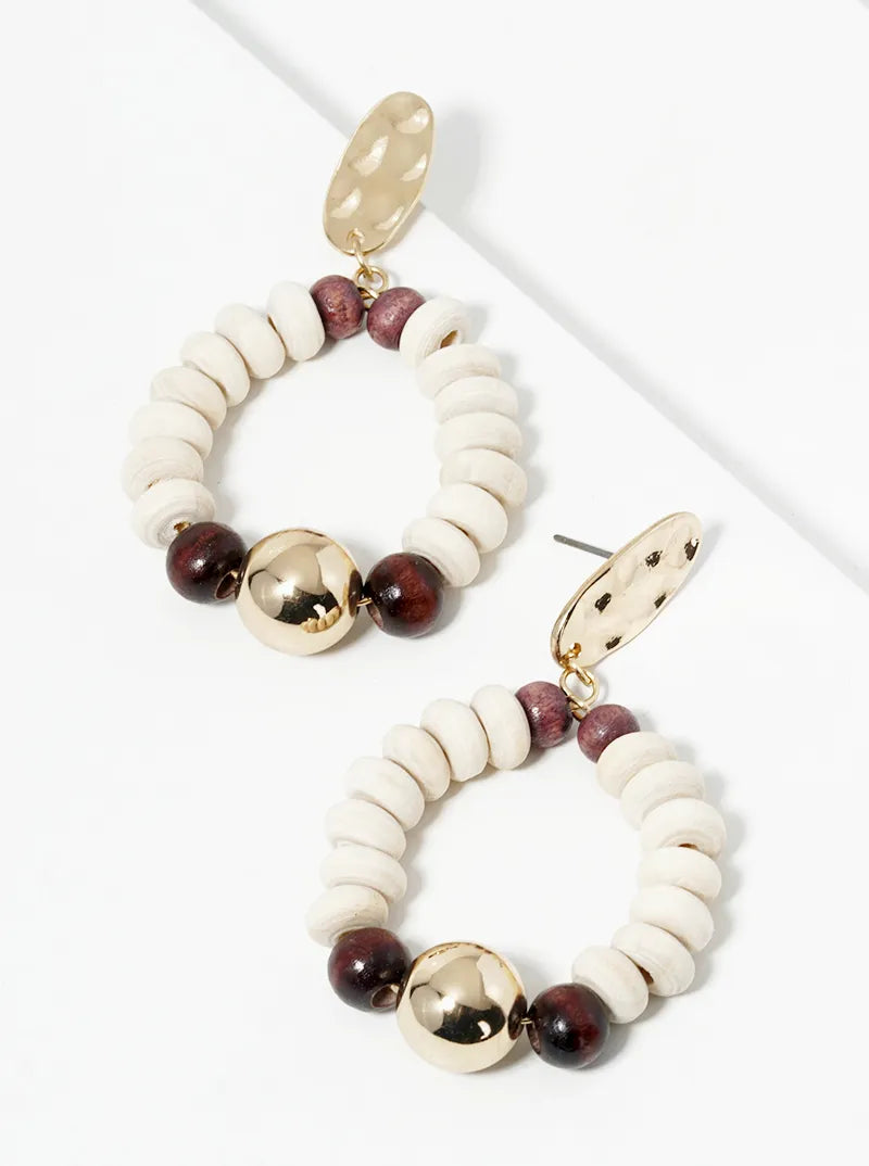 Wood Beaded Circle Dangle Post Earrings