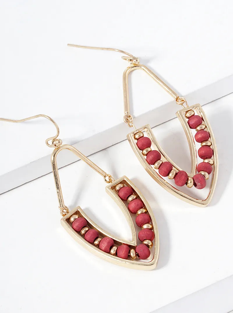 Wood Beaded Marquise Shape Dangle Drop Earrings