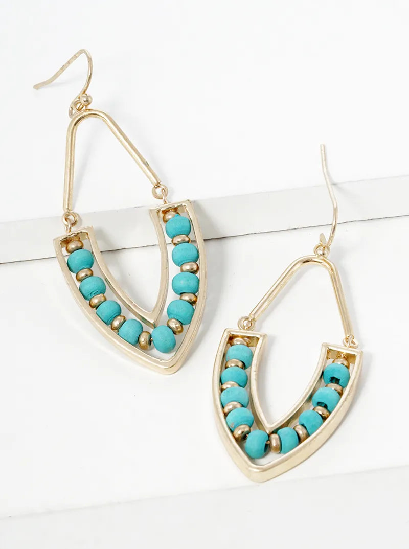 Wood Beaded Marquise Shape Dangle Drop Earrings
