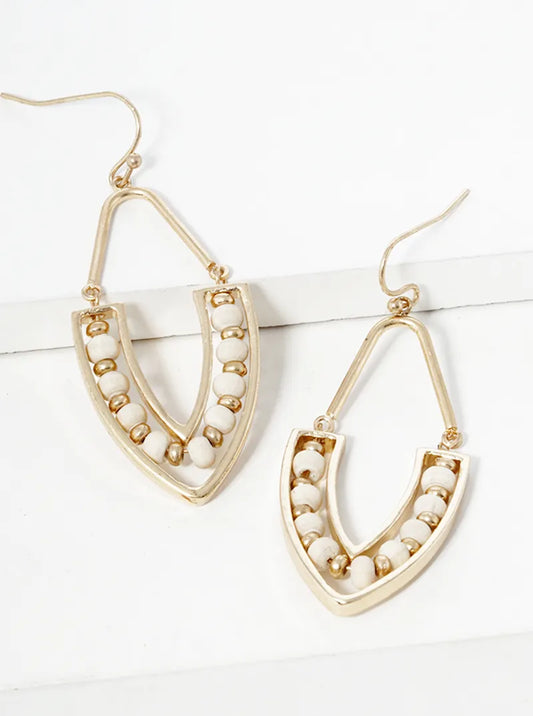 Wood Beaded Marquise Shape Dangle Drop Earrings