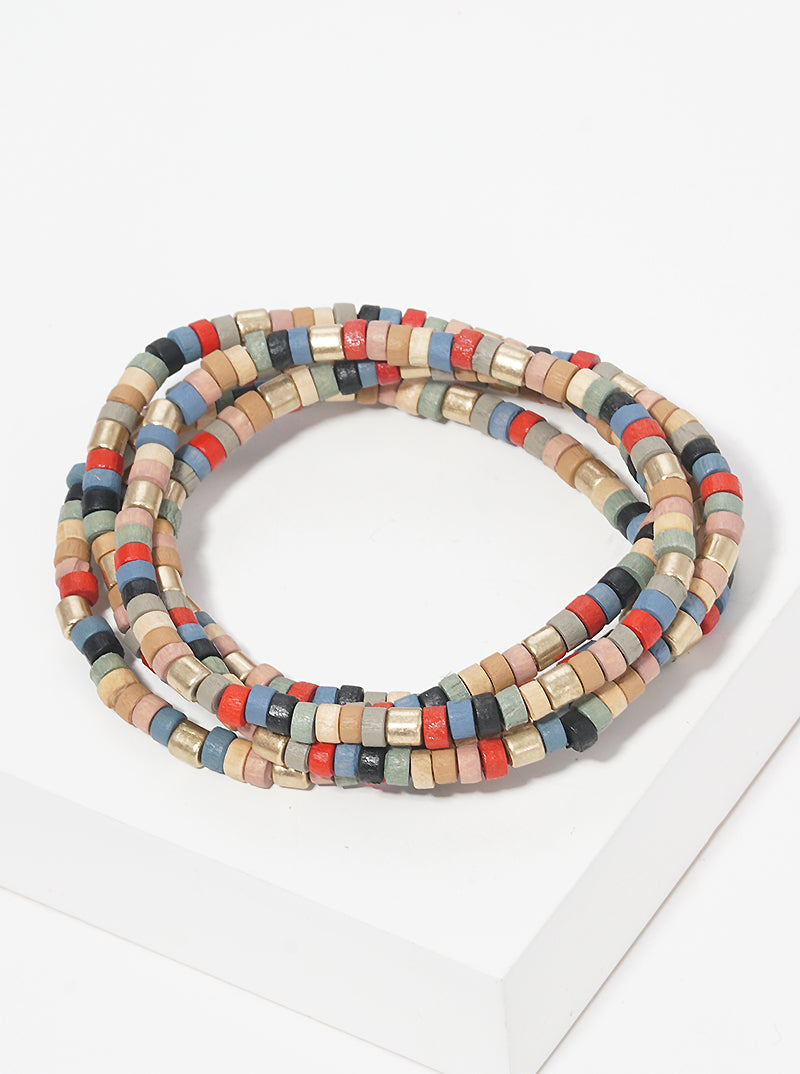 Wood Metal Multi Rows Stretch Bracelet