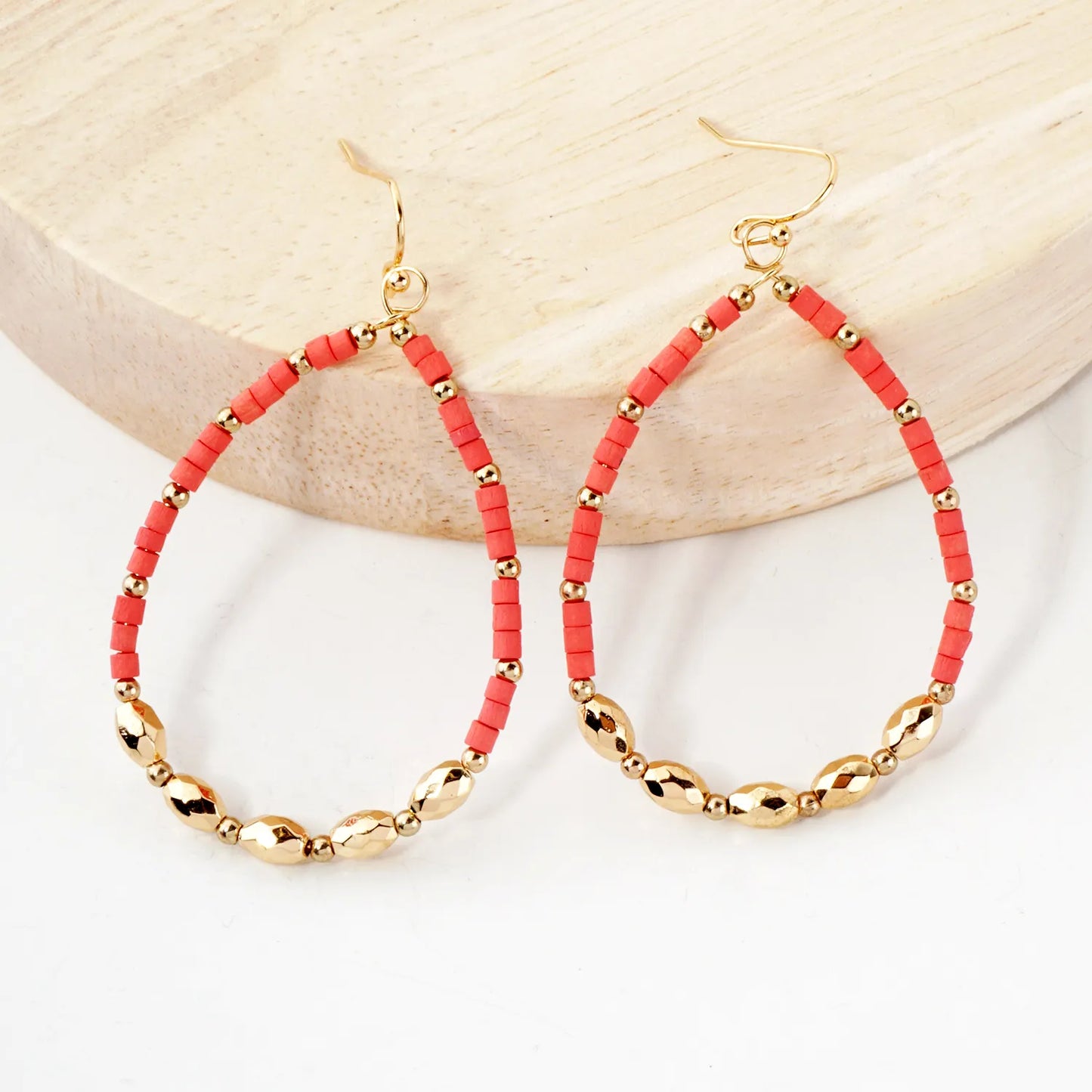 Wooden Seed Beaded Teardrop Fish Hook Dangle Drop Earrings