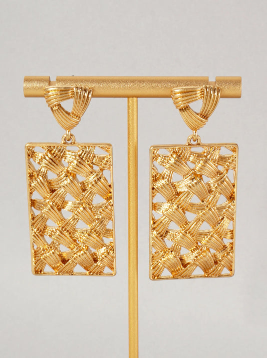 Woven Design Rectangle Drop Statement Earrings With-Titanium-Post