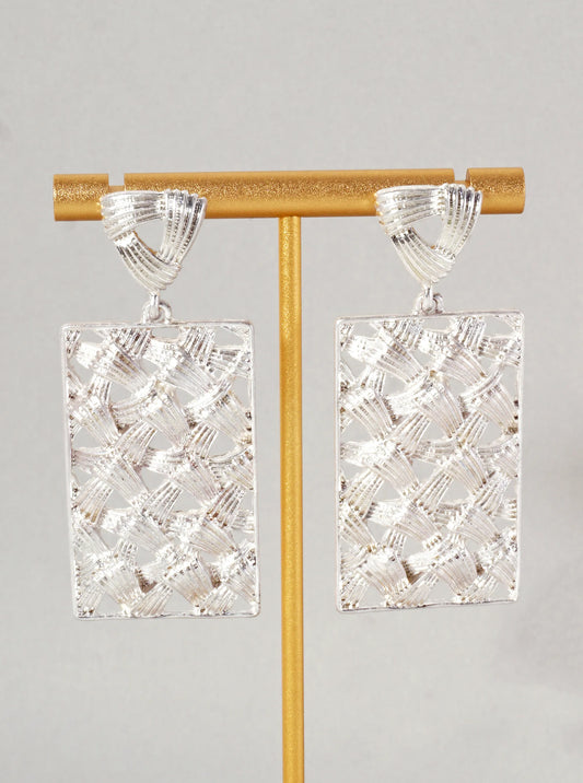 Woven Design Rectangle Drop Statement Earrings With-Titanium-Post