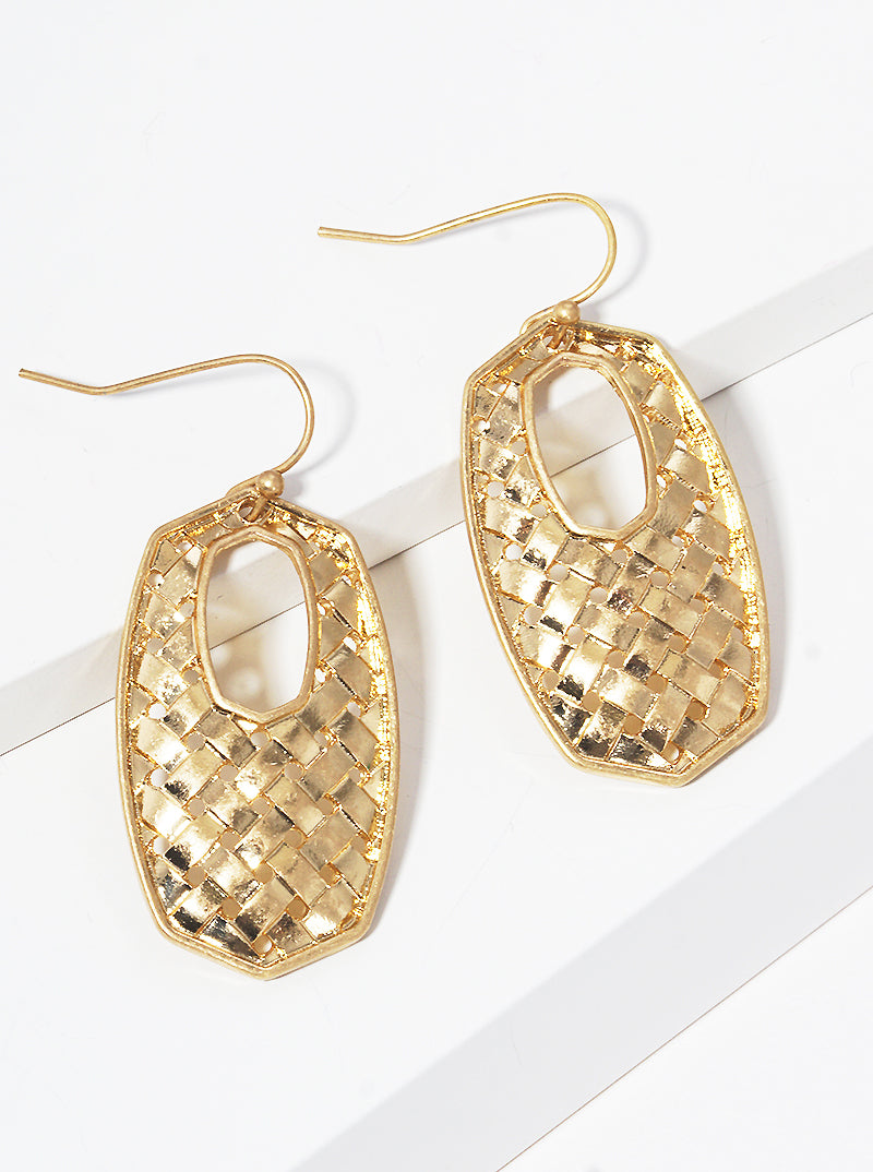 Woven Textured Metal Moroccan Shape Fish Hook Dangle Drop Earrings
