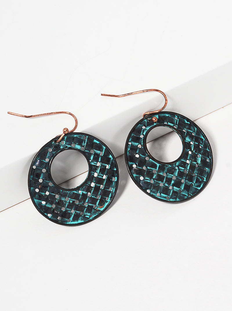 Woven Textured Metal Round Fish Hook Dangle Drop Earrings
