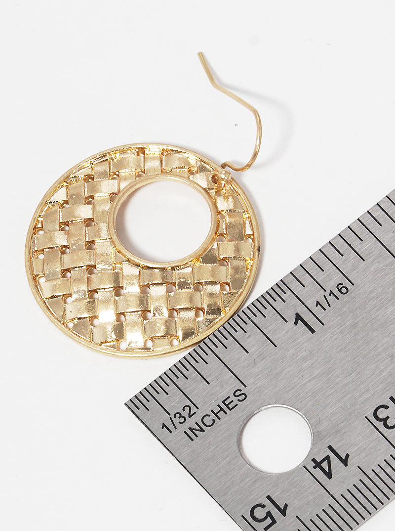 Woven Textured Metal Round Fish Hook Dangle Drop Earrings