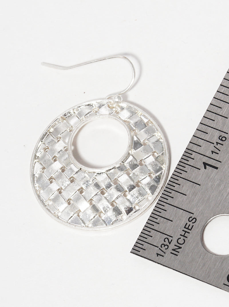 Woven Textured Metal Round Fish Hook Dangle Drop Earrings