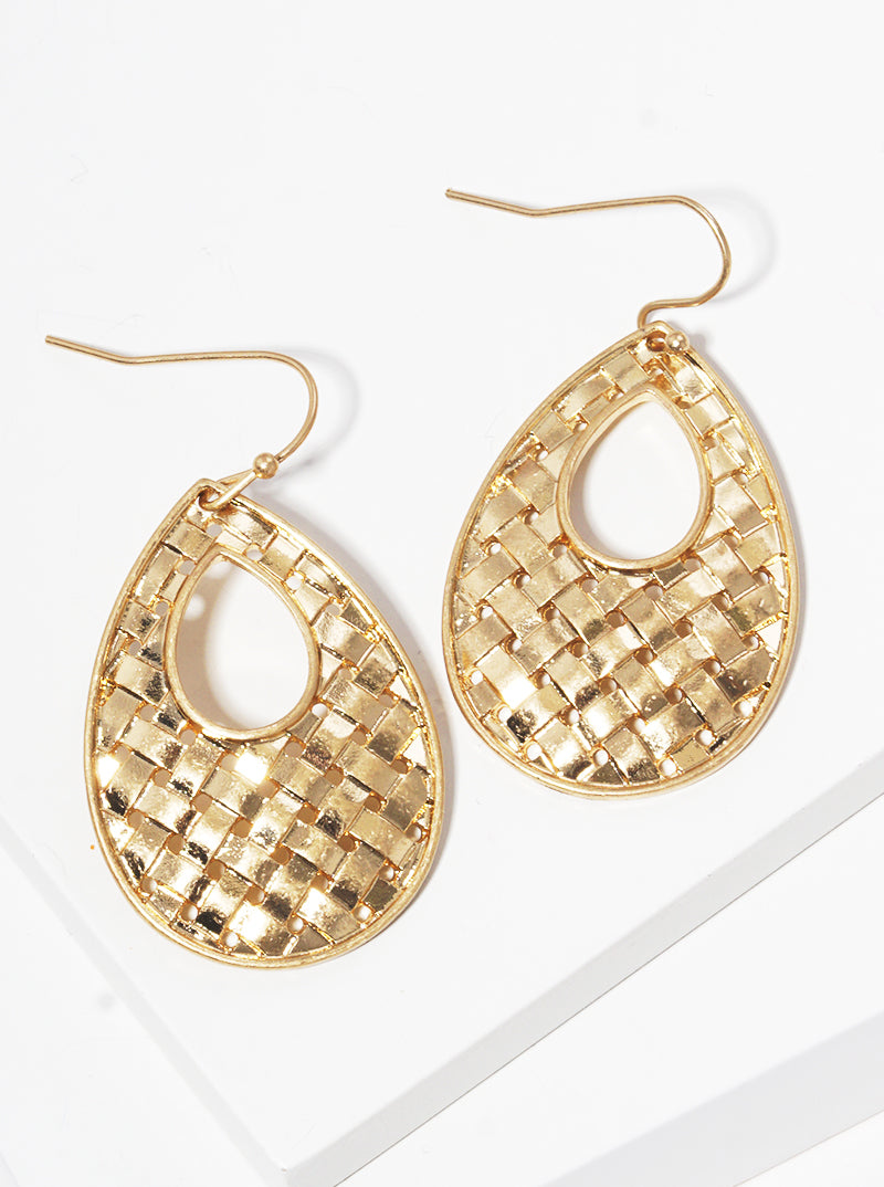 Woven Textured Metal Teardrop Fish Hook Dangle Drop Earrings