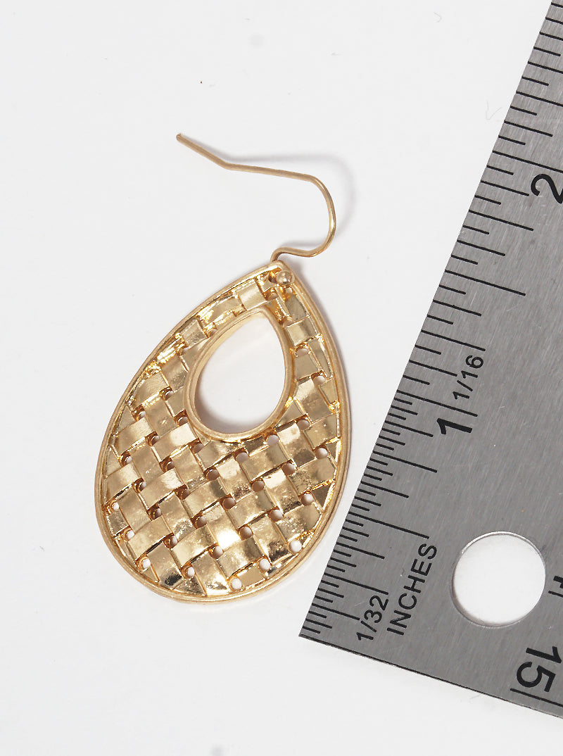 Woven Textured Metal Teardrop Fish Hook Dangle Drop Earrings