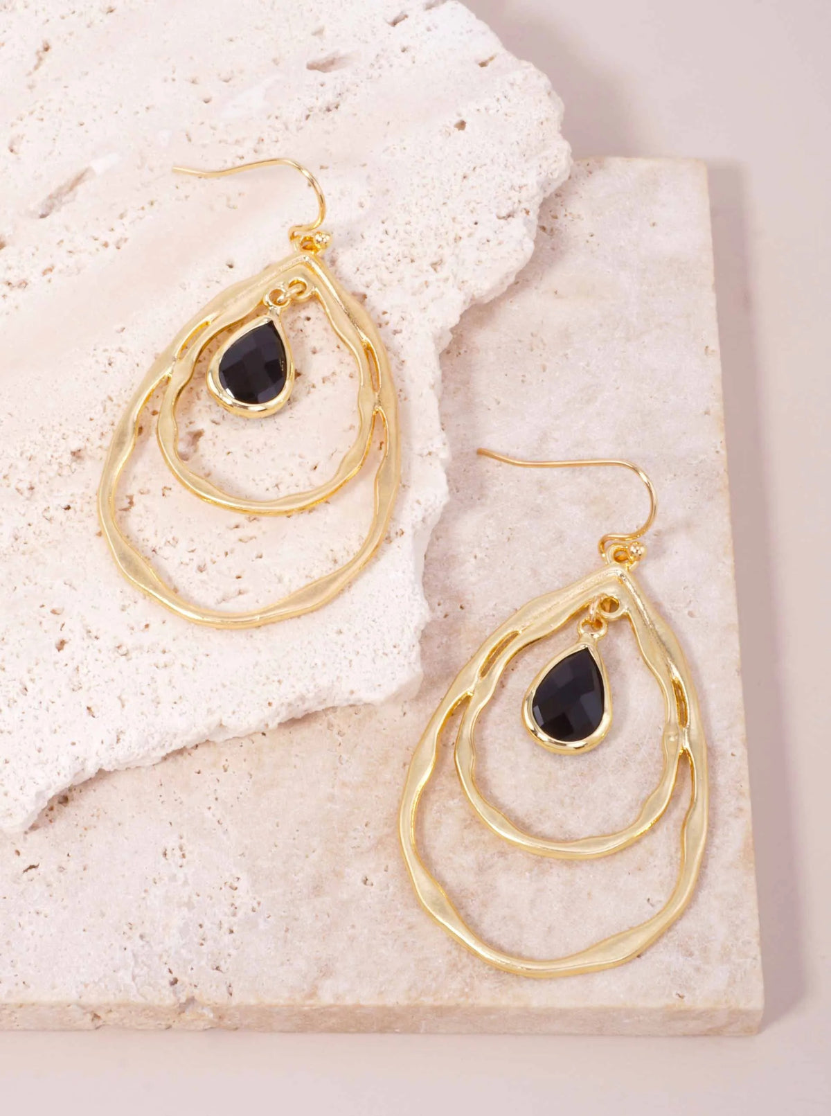 Layered Faceted Glass Teardrop Dangle Earrings - Worn Gold Black