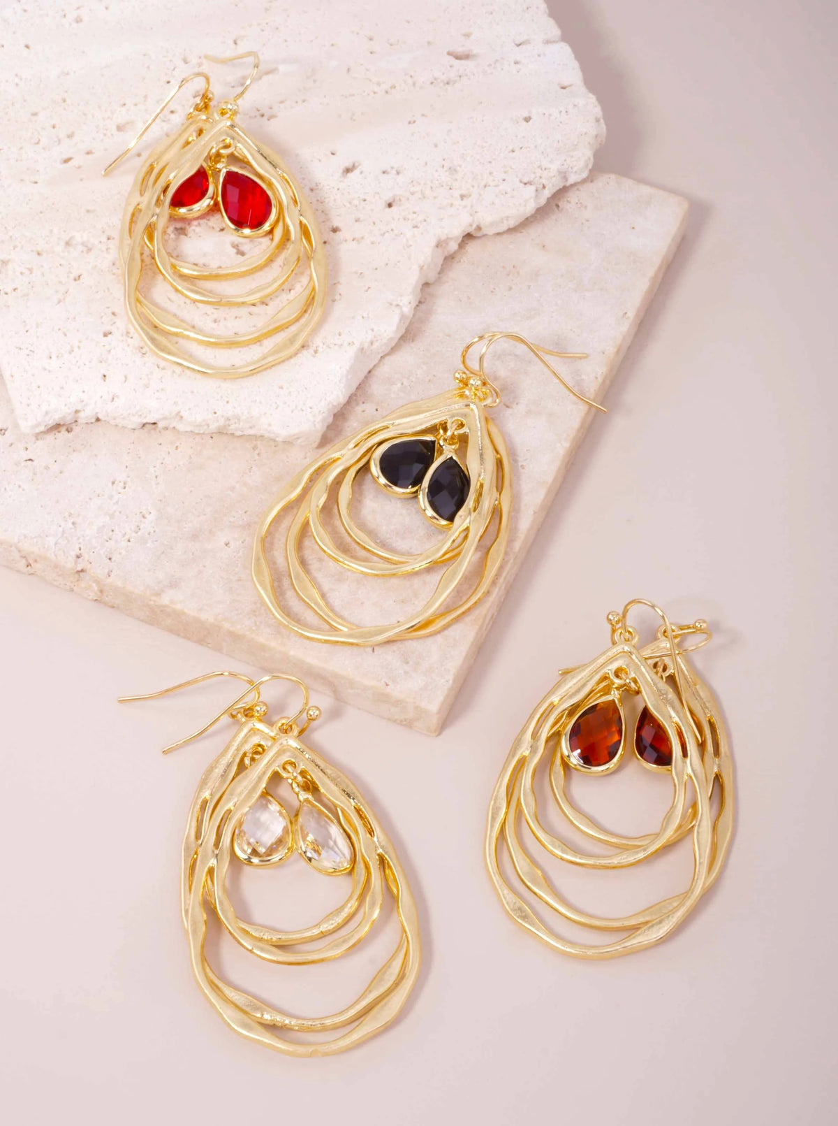Layered Faceted Glass Teardrop Dangle Earrings - Worn Gold Black