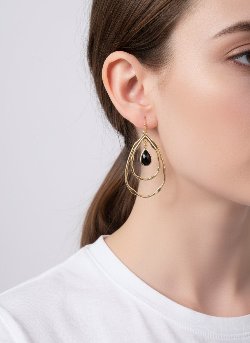 Layered Faceted Glass Teardrop Dangle Earrings - Worn Gold Black