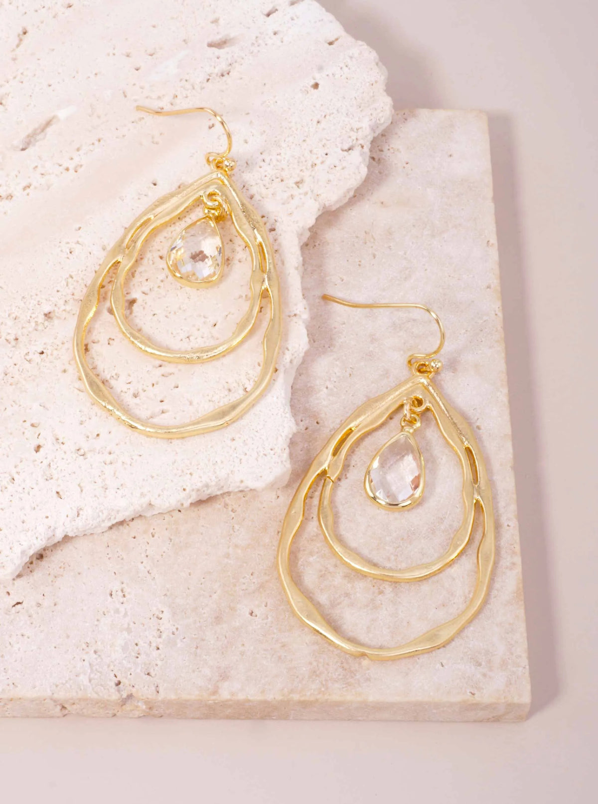 Layered Faceted Glass Teardrop Dangle Earrings - Worn Gold Crystal