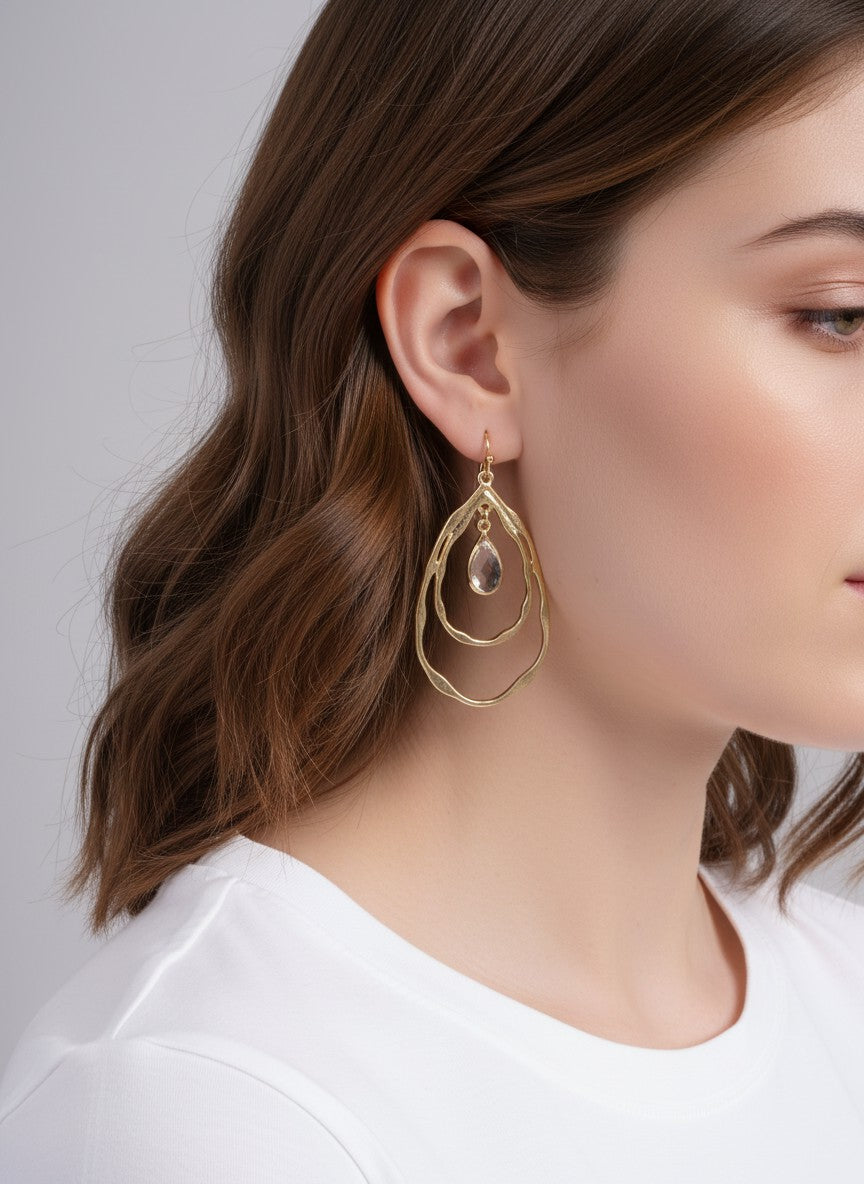 Layered Faceted Glass Teardrop Dangle Earrings - Worn Gold Crystal