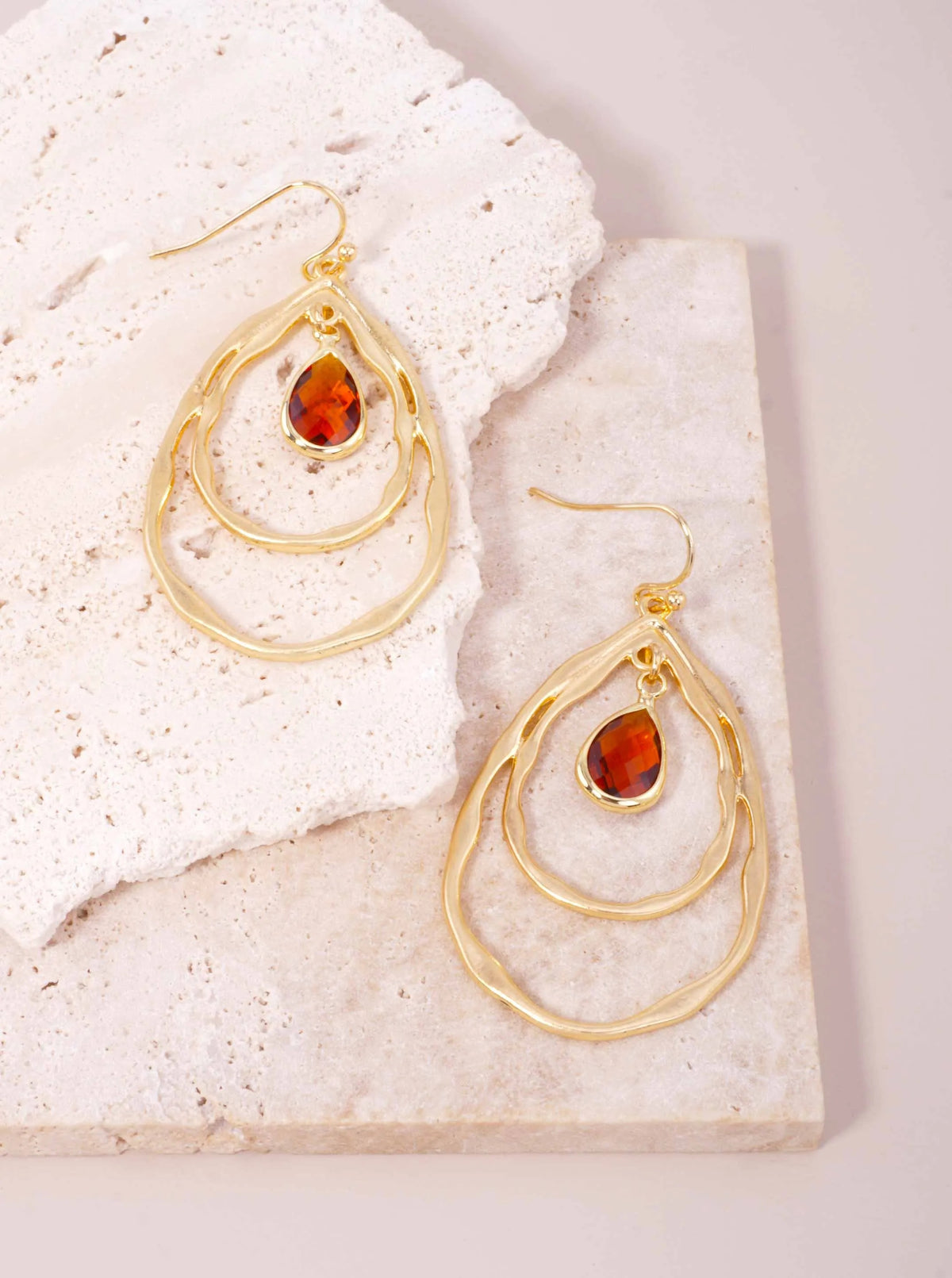 Layered Faceted Glass Teardrop Dangle Earrings - Worn Gold Light Smoked Topaz