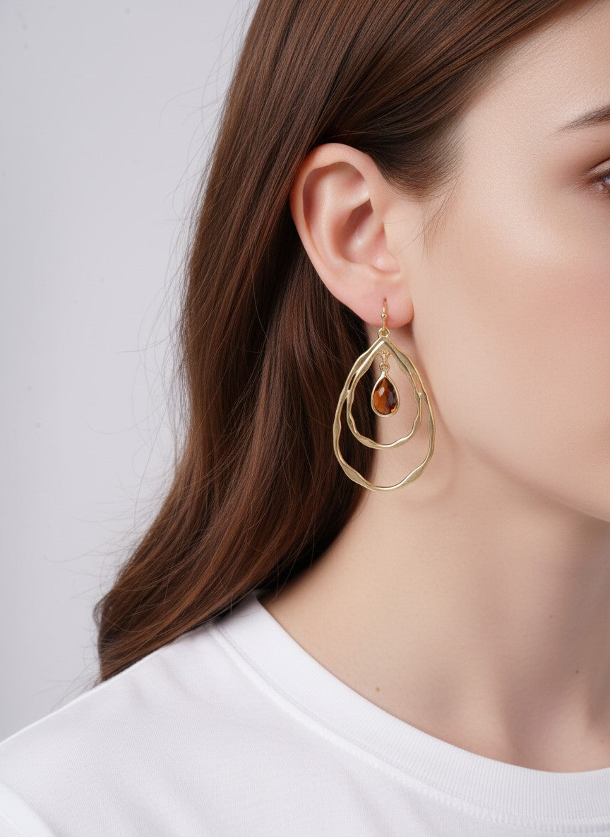 Layered Faceted Glass Teardrop Dangle Earrings - Worn Gold Light Smoked Topaz