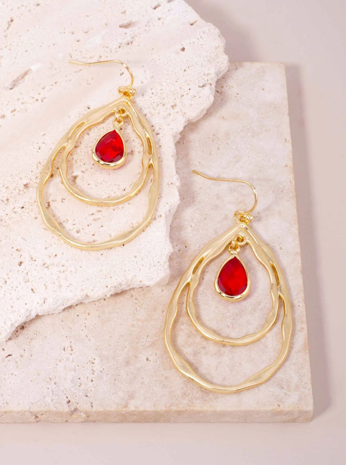 Layered Faceted Glass Teardrop Dangle Earrings - Worn Gold Siam