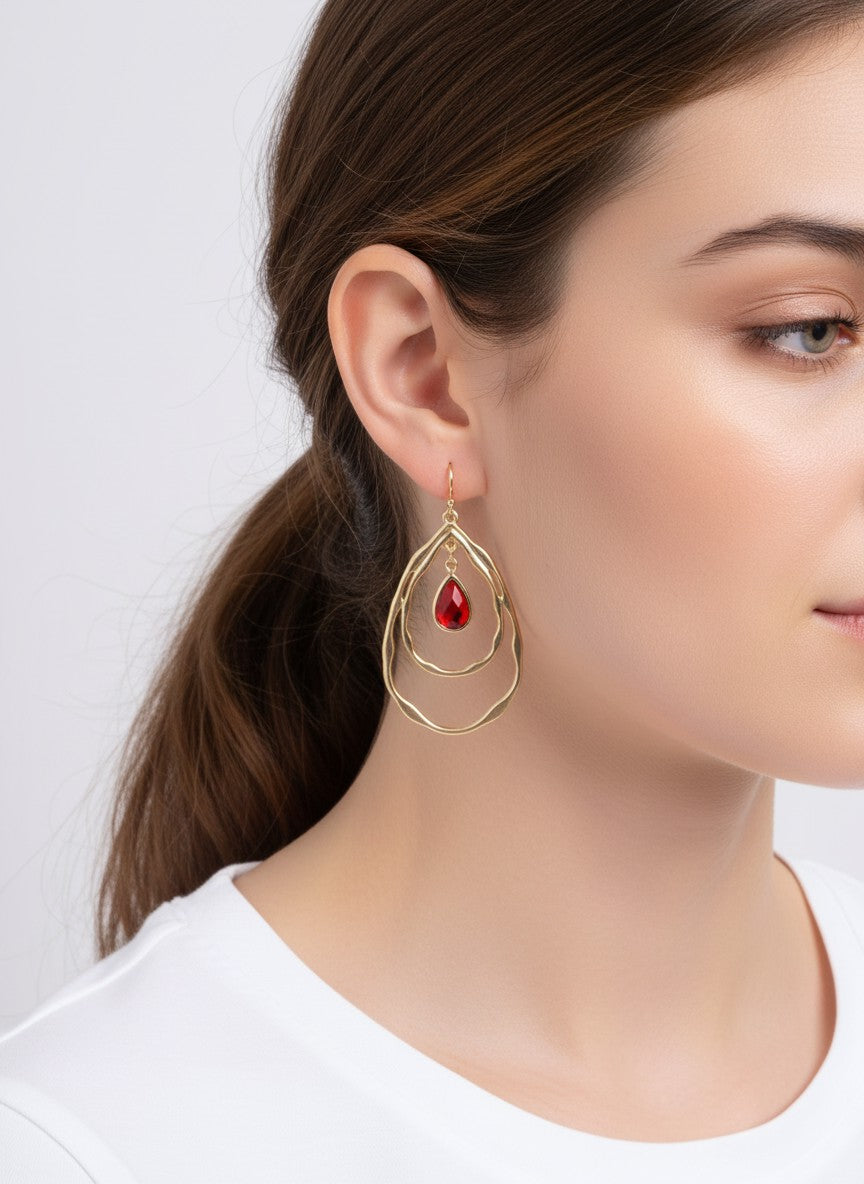 Layered Faceted Glass Teardrop Dangle Earrings - Worn Gold Siam