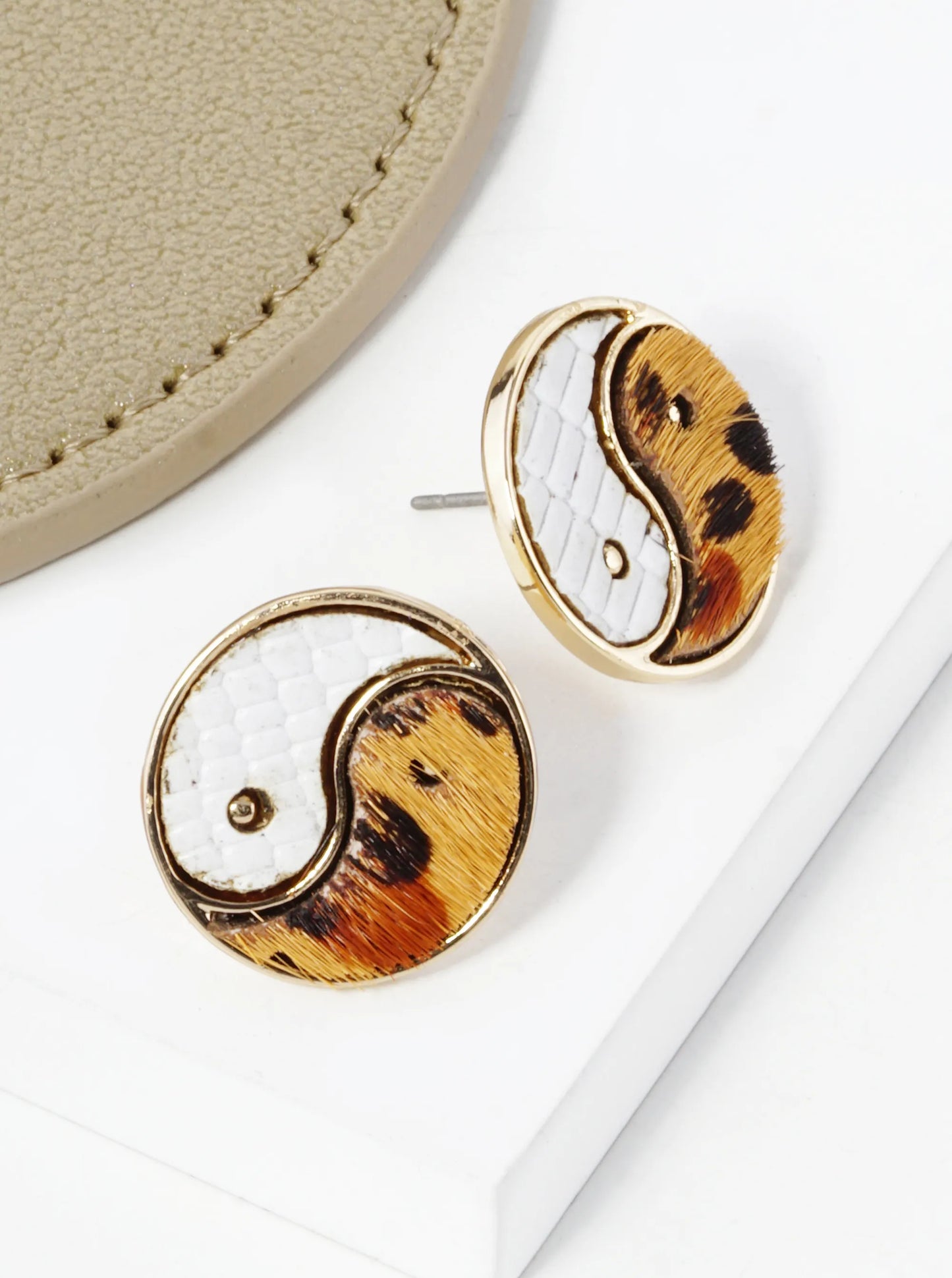 Yin Yang Leather Spiritual Button Stud Earrings