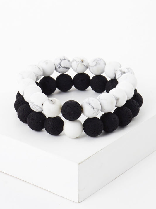 Yin Yang Balance Essential Oil Diffusion Lave Stone Semi Precious Stone Stackable Stretch Bracelet